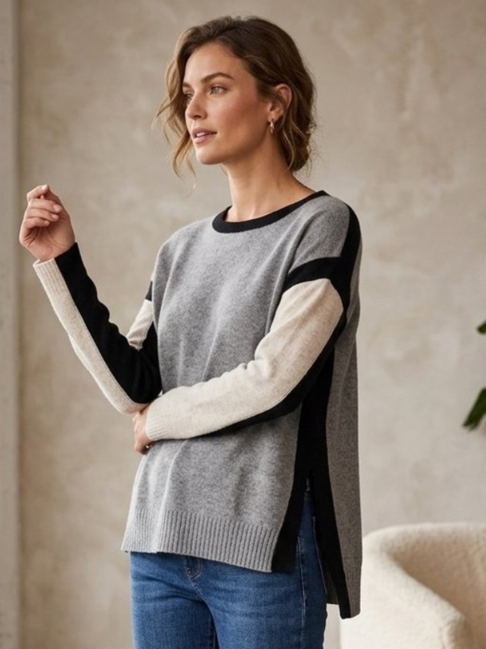 Velvet by Graham & Spencer Cashmere Grey Black Colorblock Crewneck Sweater XS